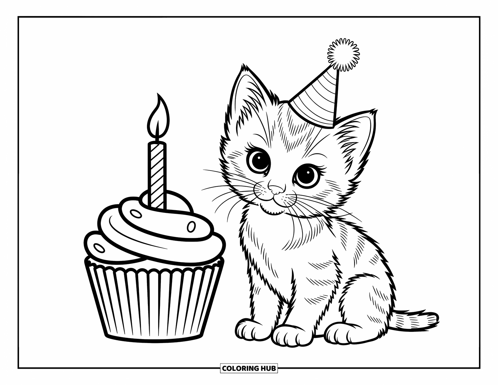 Kleurplaat Kat voor Kinderen: Een klein kitten zit naast een cupcake met een brandend kaarsje en kijkt nieuwsgierig