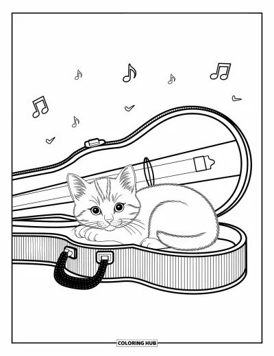Cat Coloring Page for Kids: A tiny kitten sleeps inside an open violin case, framed by expressive, flowing musical elements
