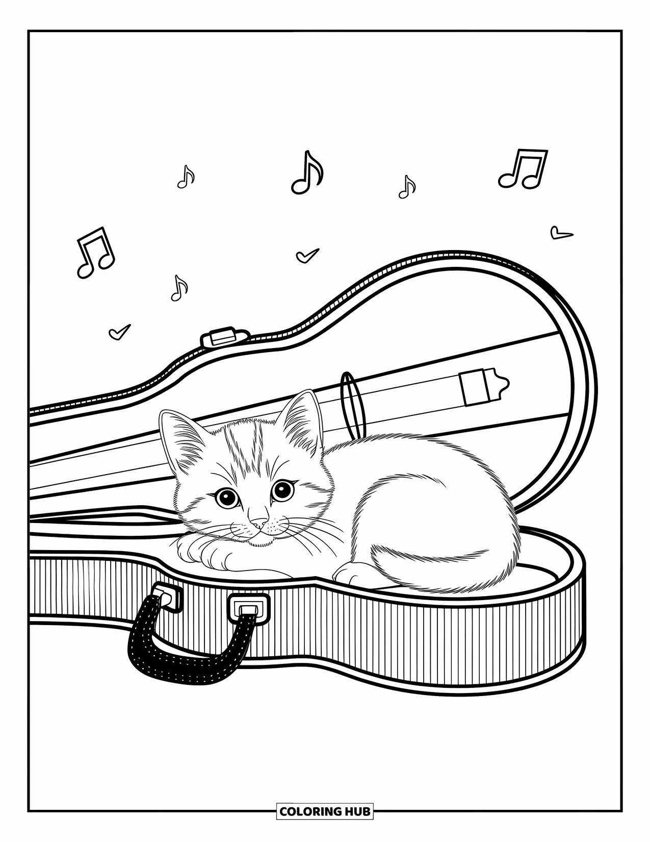 Kleurplaat Kat voor Kinderen: Een kleine kitten slaapt in een open vioolkist, omlijst door expressieve, vloeiende muzikale elementen