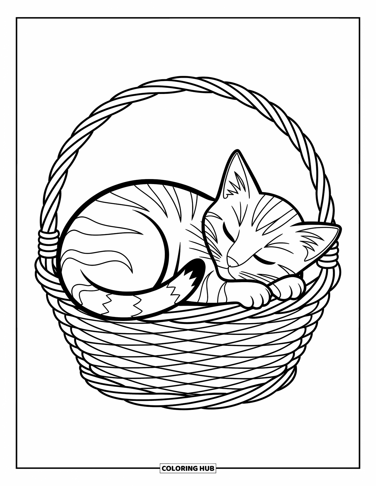 Kleurplaat Kat voor Kinderen: Een klein kitten slaapt vredig in een ronde mand, comfortabel weggestopt