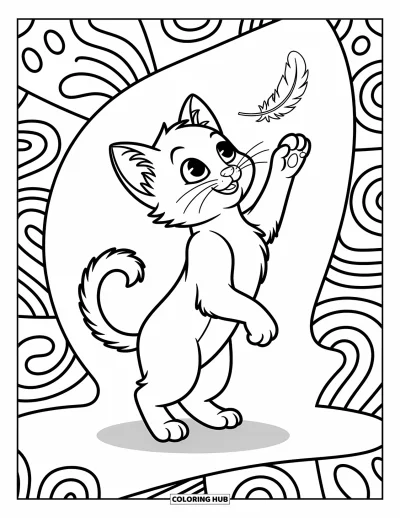 Cat Coloring Page for Kids: A tiny kitten stretches its paw toward a feather drifting in the air