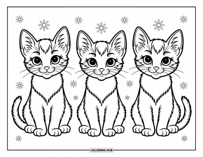 Cat Coloring Page for Kids: Three adorable kittens sit in a row, each with unique expressions and playful whiskers