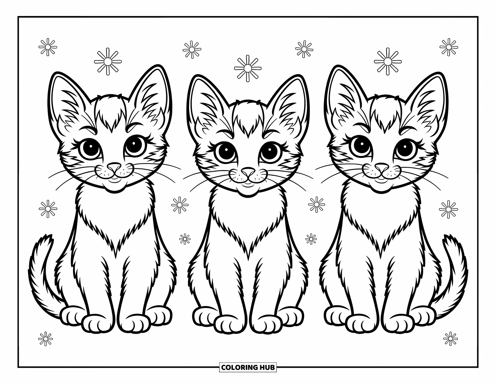 Kleurplaat Kat voor Kinderen: Drie schattige kittens zitten op een rij, elk met een unieke uitdrukking en speelse snorharen