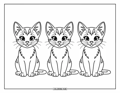 Cat Coloring Page for Kids: Three tiny kittens sit side by side, their fluffy tails curled in different playful poses