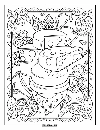 Desenho de Queijo para Colorir para Adultos: Uma mandala lindamente detalhada incorporando padrões de queijo, redemoinhos elegantes e detalhes decorativos intrincados