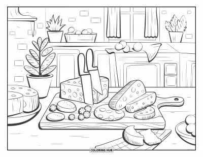 Desenho de Queijo para Colorir para Adultos: Uma cena de cozinha charmosa com queijo, uma tábua de corte de madeira e uma parede de tijolos rústica