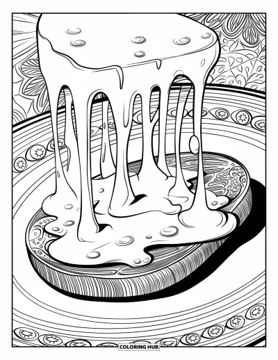 Desenho de Queijo para Colorir para Adultos: Um queijo derretendo sobre torradas com gotejamentos artísticos e um fundo decorativo e rústico