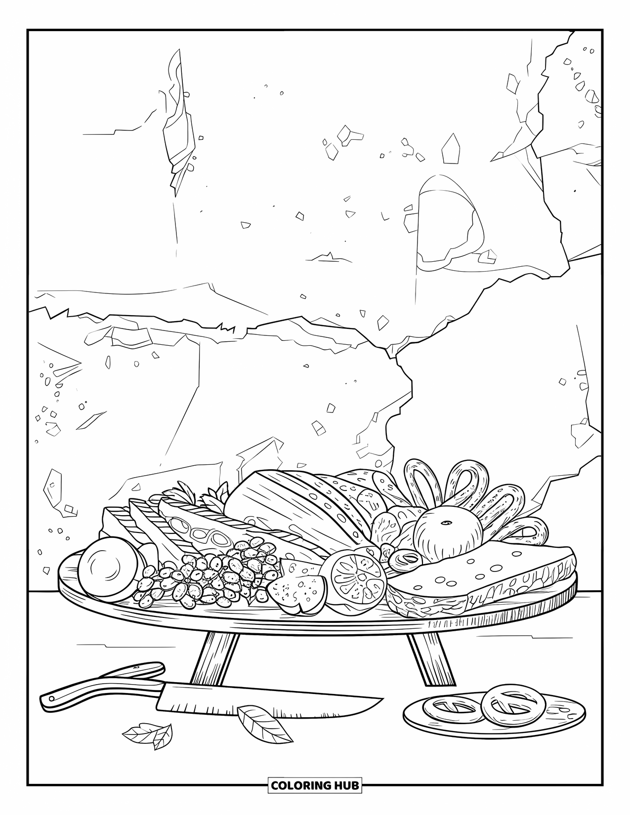 Cheese Coloring Page for Adults: A deliciously arranged charcuterie board with meats, cheeses, nuts, and fruits, framed by patterns