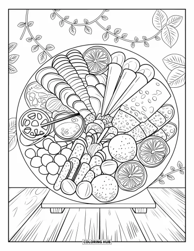 Desenho de Queijo para Colorir para Adultos: Uma tábua de charcutaria detalhada com queijos, carnes e ingredientes frescos variados em uma superfície rústica