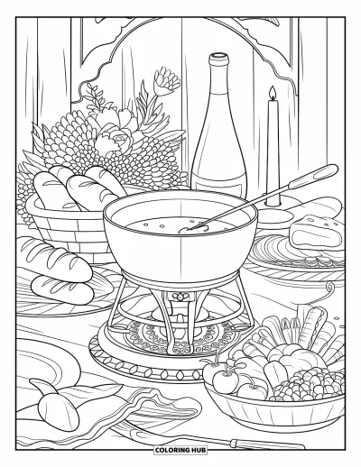 Desenho de Queijo para Colorir para Adultos: Uma configuração detalhada de fondue de queijo com uma panela fumegante, ingredientes frescos e detalhes decorativos