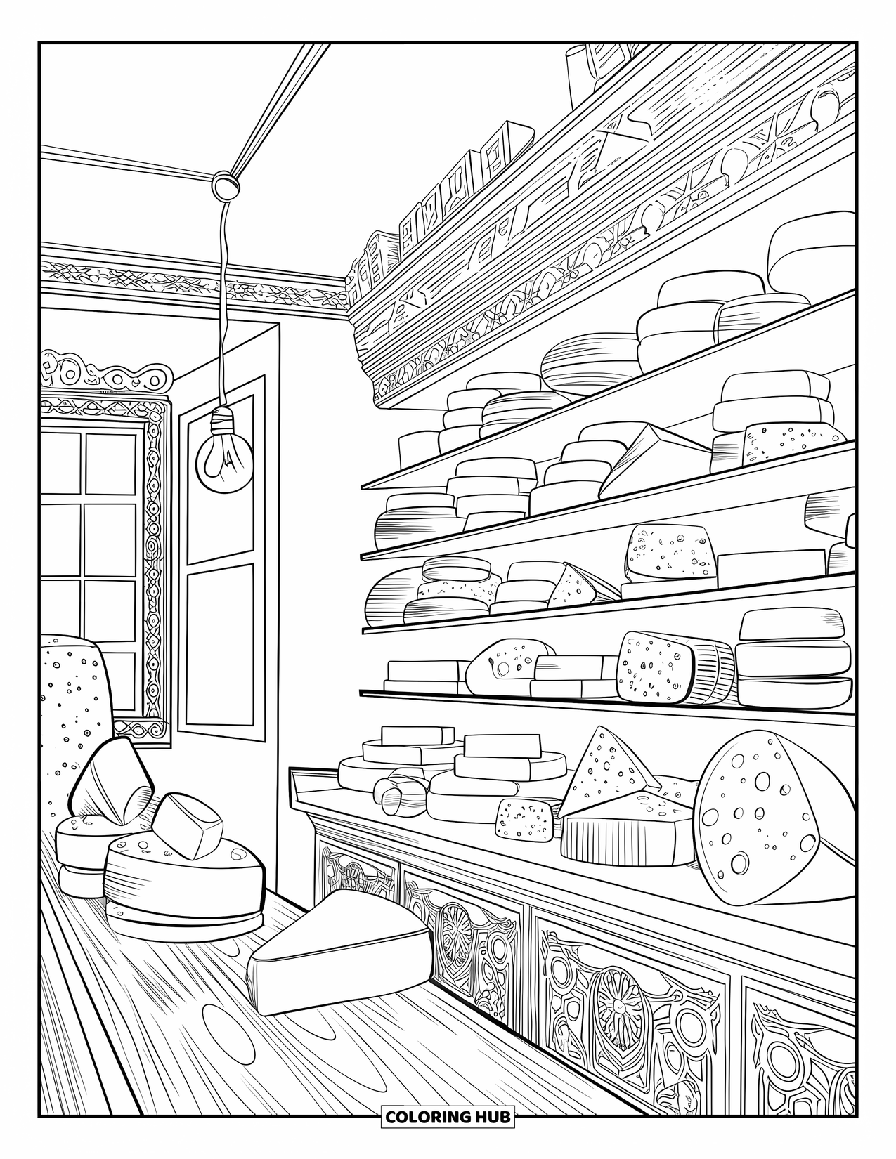 Cheese Coloring Page for Adults: A detailed cheese shop scene with a wooden countertop, hanging lamps, and neatly arranged cheeses