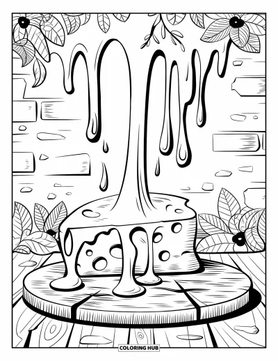 Desenho de Queijo para Colorir para Adultos: Uma cena detalhada de queijo derretido com gotejamentos artísticos e um fundo rústico de madeira