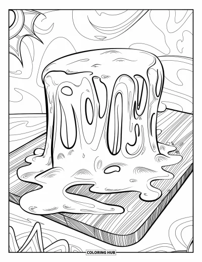 Desenho de Queijo para Colorir para Adultos: Uma cena dramática de queijo derretido com gotejamentos artísticos fluindo para uma tábua de madeira