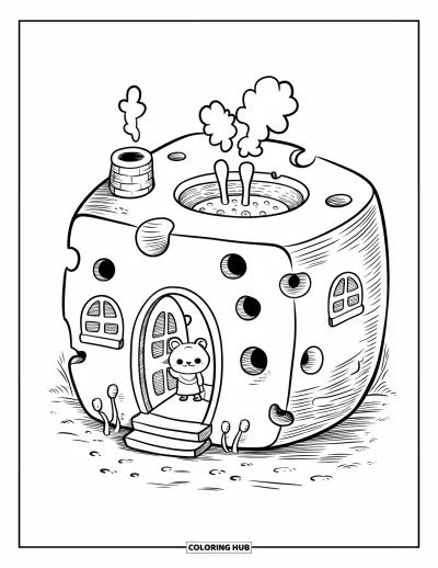 Desenho de Queijo para Colorir para Adultos: Um rato amigável acena de uma casa em forma de queijo com vapor saindo da chaminé