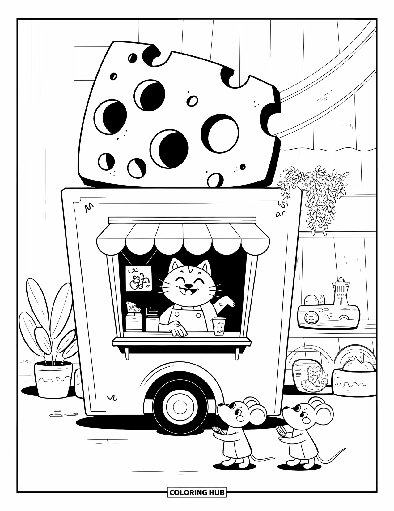 Cheese Coloring Page for Adults: A happy cat chef serves mice from a cheese-themed food truck in a cozy setting