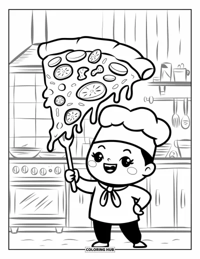 Desenho de Queijo para Colorir para Adultos: Um chef feliz apresenta uma fatia gigante de pizza com queijo pegajoso e ingredientes saborosos
