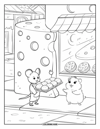 Desenho de Queijo para Colorir para Adultos: Um rato padeiro serve pães de queijo para um hamster fofo em uma padaria em forma de queijo