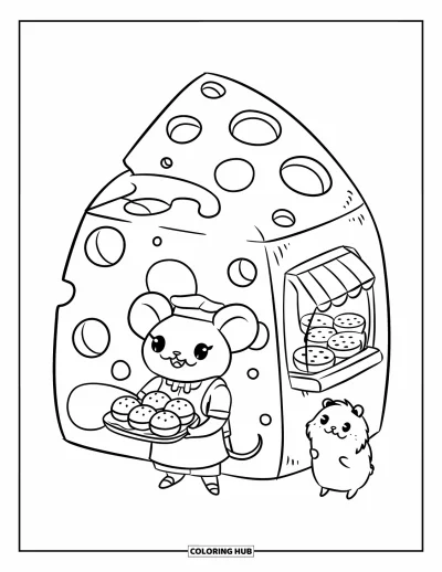 Desenho de Queijo para Colorir para Adultos: Um rato padeiro com pães de queijo serve um hamster fofo em uma padaria em forma de queijo
