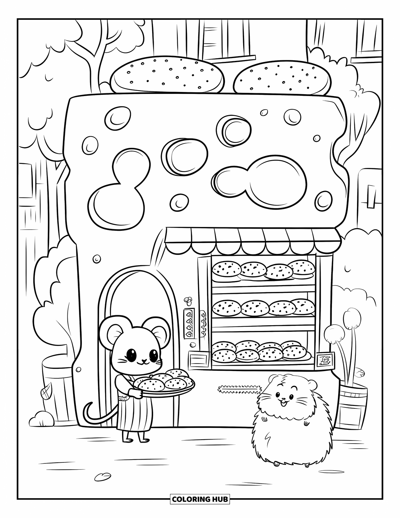 Cheese Coloring Page for Adults: A mouse baker with cheese buns serves a fluffy hamster at a cozy cheese-shaped bakery