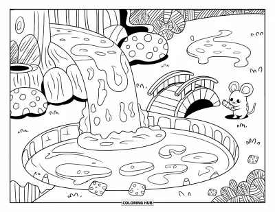 Desenho de Queijo para Colorir para Adultos: Um rato pesca com uma vara de biscoito perto de uma cachoeira de queijo que deságua em um pequeno lago