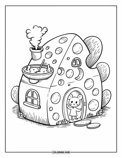 Desenho de Queijo para Colorir para Adultos: Um rato acena de uma casa aconchegante em forma de bloco de queijo com vapor saindo