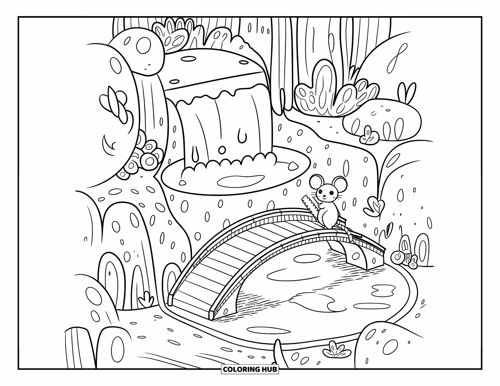 Cheese Coloring Page for Adults: A mouse with a cracker rod stands by a cheese waterfall flowing into a tiny pond