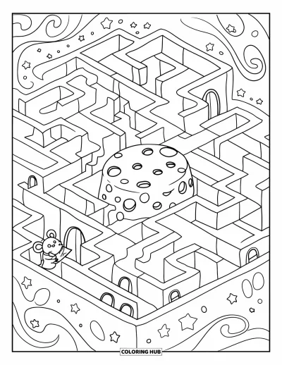 Desenho de Queijo para Colorir para Adultos: Um rato com um mapa espreita em um labirinto de queijo, procurando um prêmio gigante de queijo