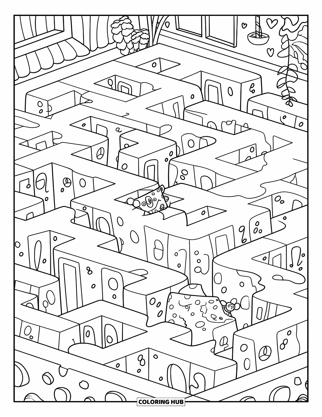 Cheese Coloring Page for Adults: A mouse with a map ventures through a cheese maze to reach a giant cheese prize