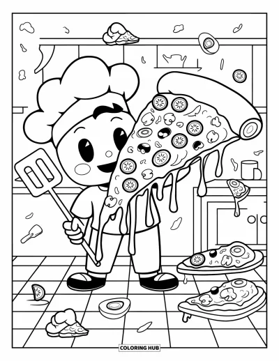 Desenho de Queijo para Colorir para Adultos: Um chef orgulhoso apresenta uma fatia gigante de pizza com queijo pegajoso e detalhes divertidos