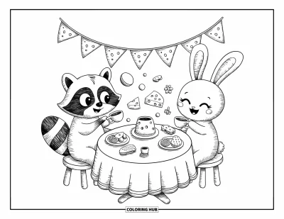 Desenho de Queijo para Colorir para Adultos: Um guaxinim e um coelho conversam alegremente tomando chá com queijo e frutas em uma mesa redonda
