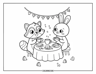 Desenho de Queijo para Colorir para Adultos: Um guaxinim e um coelho compartilham chá e lanches em uma mesa redonda com banners de queijo