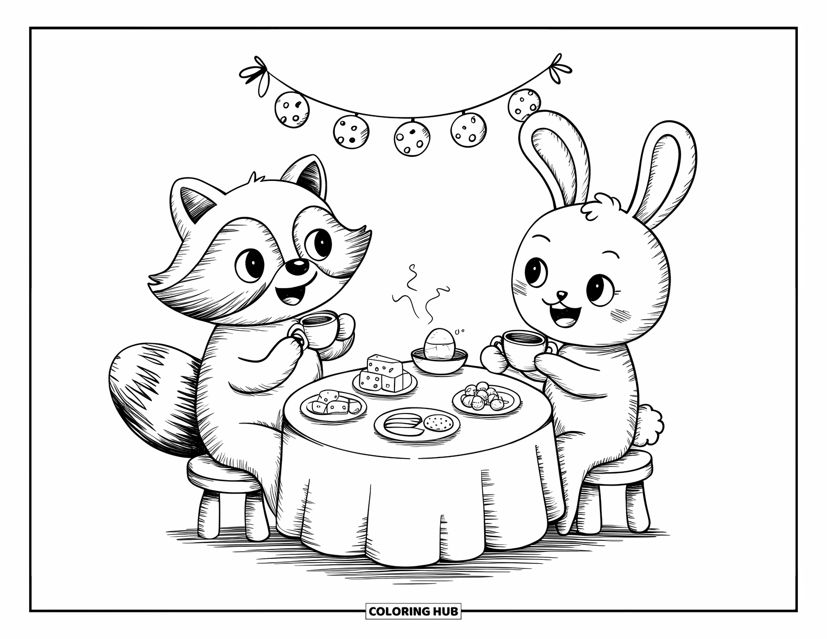 Cheese Coloring Page for Adults: A raccoon and a rabbit sip tea at a table with cheese and fruit