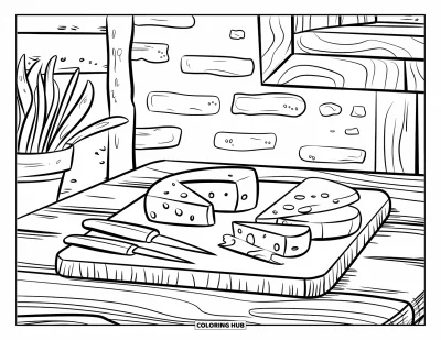 Desenho de Queijo para Colorir para Adultos: Uma cena de cozinha rústica com uma tábua de corte, facas de queijo e uma seleção de queijos