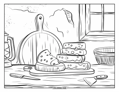 Desenho de Queijo para Colorir para Adultos: Uma cozinha rústica com uma tábua de queijos, facas e um fundo de tijolos e vasos de plantas