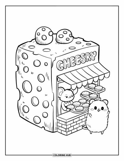 Desenho de Queijo para Colorir para Adultos: Um pequeno rato padeiro serve pães de queijo para um hamster fofo em uma padaria em forma de queijo