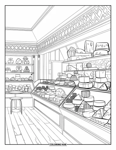 Desenho de queijo para colorir para adultos: Uma loja de queijos em estilo vintage com prateleiras de queijos variados e um interior aconchegante e detalhado