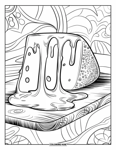 Desenho de Queijo para Colorir para Adultos: Uma ilustração visualmente impressionante de queijo derretido com gotejamentos fluidos e detalhes de fundo decorativos