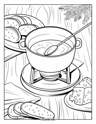Desenho de Queijo para Colorir para Adultos: Uma cena aconchegante de fondue de queijo com uma panela, pão e um charmoso cenário de madeira