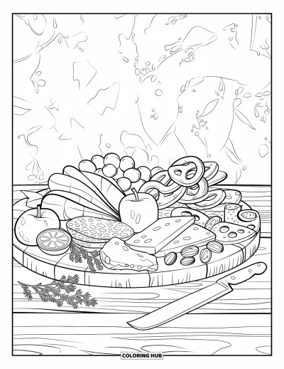 Desenho de Queijo para Colorir para Adultos: Uma elaborada variedade de charcutaria com carnes, queijos, frutas, nozes e um fundo de madeira decorativo