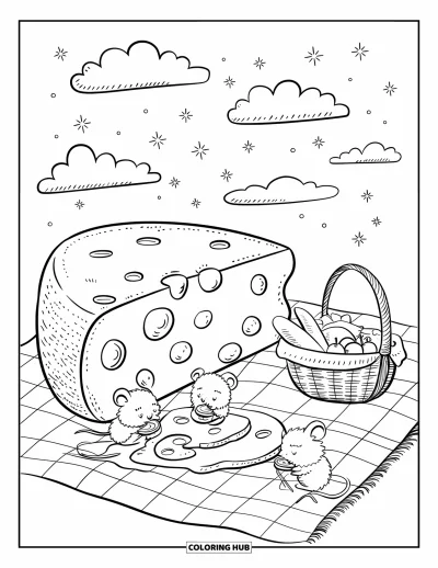 Desenho de Queijo para Colorir para Adultos: Ratos fofos mordiscam queijo em um piquenique com uma grande fatia de queijo e nuvens fofas