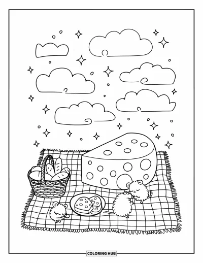 Desenho de Queijo para Colorir para Adultos: Ratos fofos lancham queijo em um piquenique com uma grande fatia de queijo e céu brilhante
