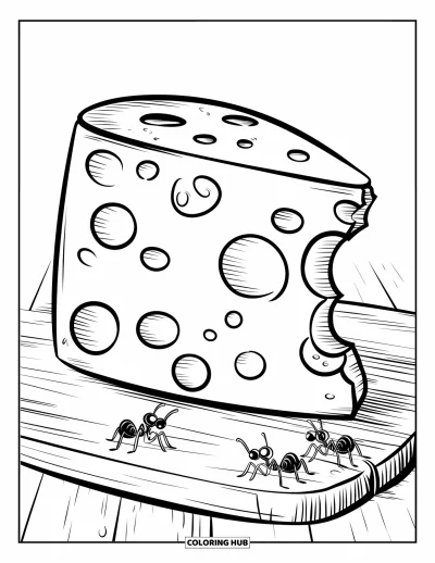 Desenho de Queijo para Colorir para Crianças: Um bloco de queijo mordido com pequenas formigas rastejando por perto