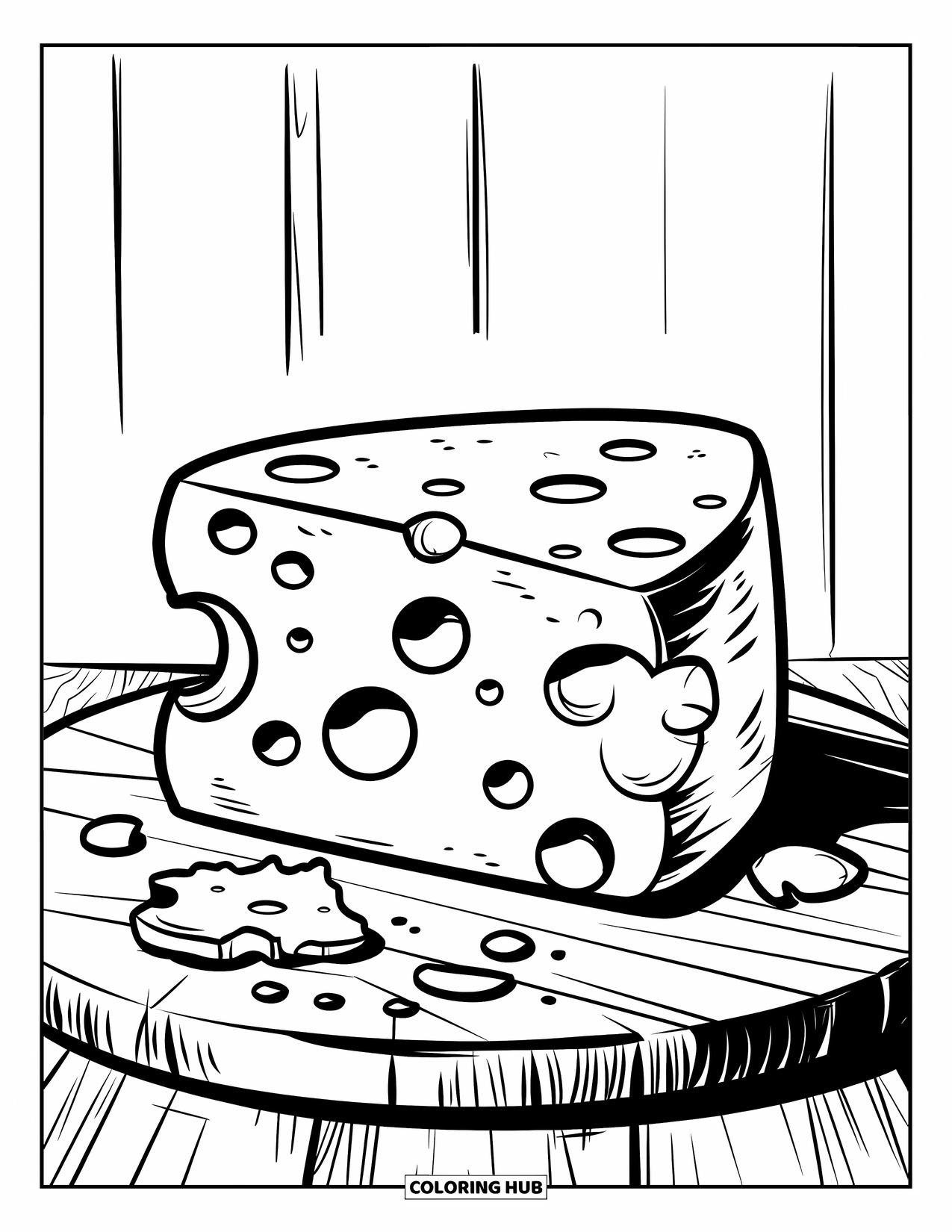 Cheese Coloring Page for Kids: A block of cheese with a small bite taken out, sitting on a wooden board
