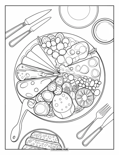 Desenho de Queijo para Colorir para Crianças: Uma tábua de charcutaria cheia de queijos, carnes e frutas em uma tábua rústica de madeira