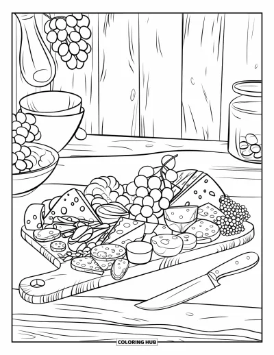 Desenho de Queijo para Colorir para Crianças: Uma tábua de charcutaria com queijos e carnes variadas, em um cenário rústico