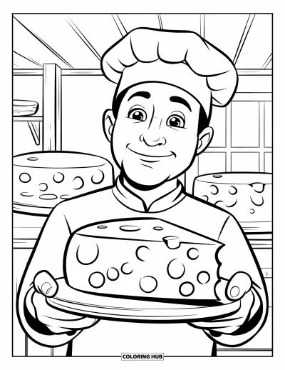 Desenho de Queijo para Colorir para Crianças: Um chef alegre segurando um bloco de queijo com rodas de queijo atrás dele