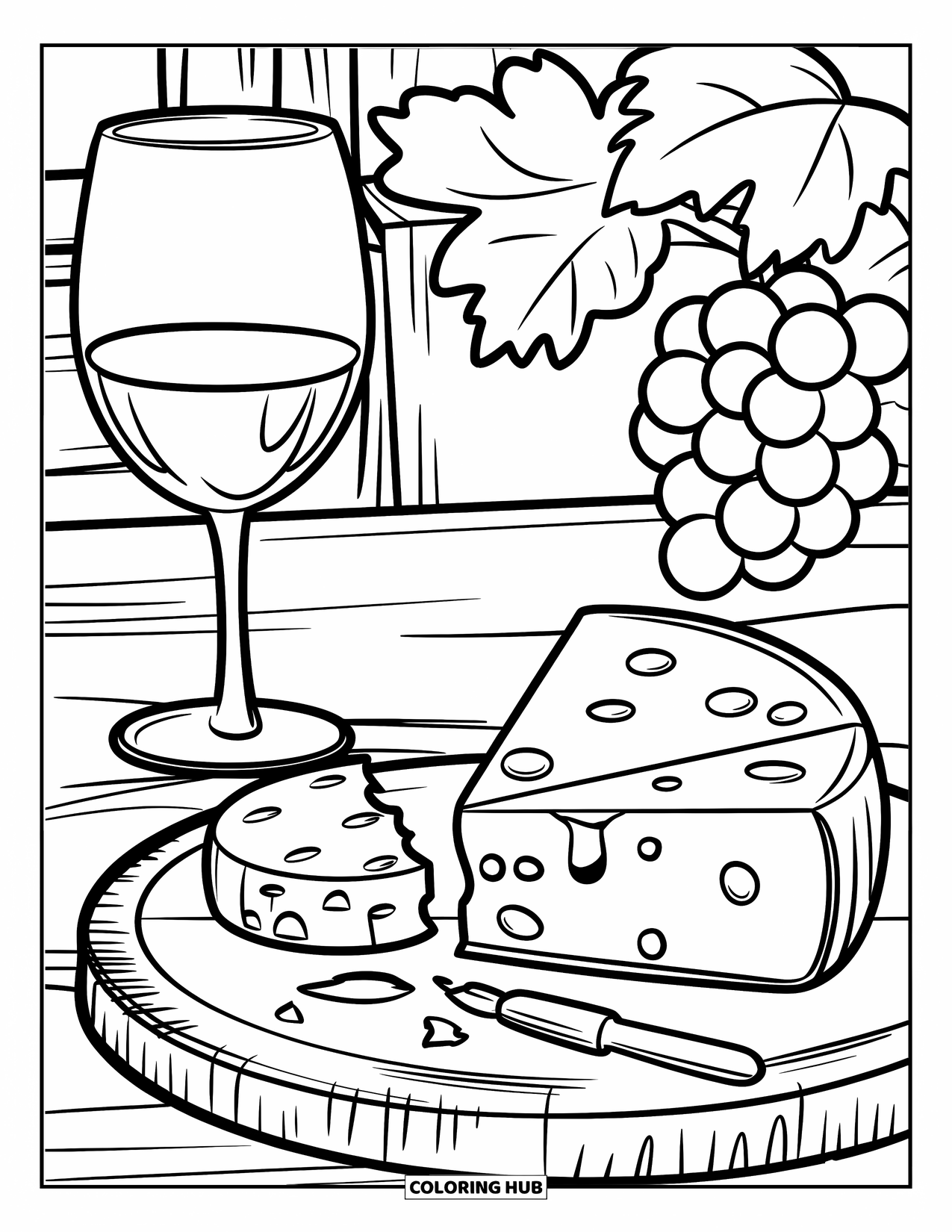 Cheese Coloring Page for Kids: A cheese and wine pairing setup with a glass of wine and a cheese board