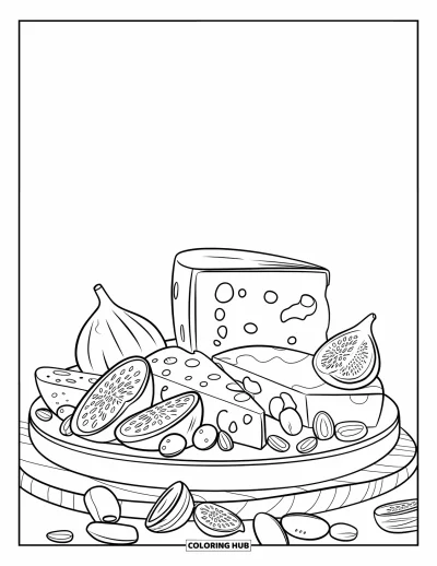 Desenho de Queijo para Colorir para Crianças: Uma tábua de queijos com figos, azeitonas, nozes e uma variedade de queijos finos