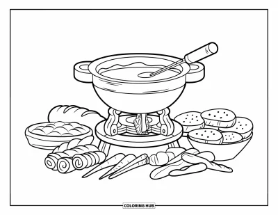 Desenho de Queijo para Colorir para Crianças: Uma panela de fondue de queijo em um suporte de madeira, cercada por pão e legumes