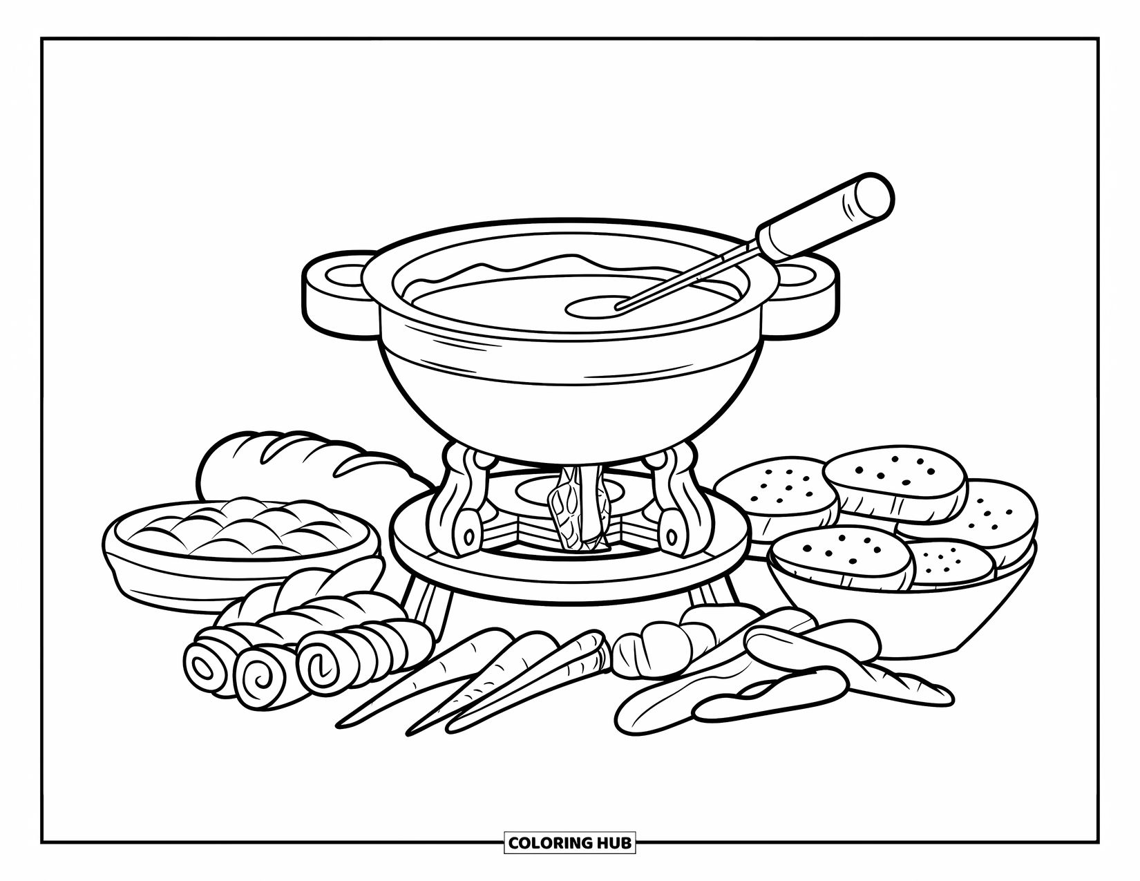 Cheese Coloring Page for Kids: A cheese fondue pot on a wooden stand, surrounded by bread and vegetables